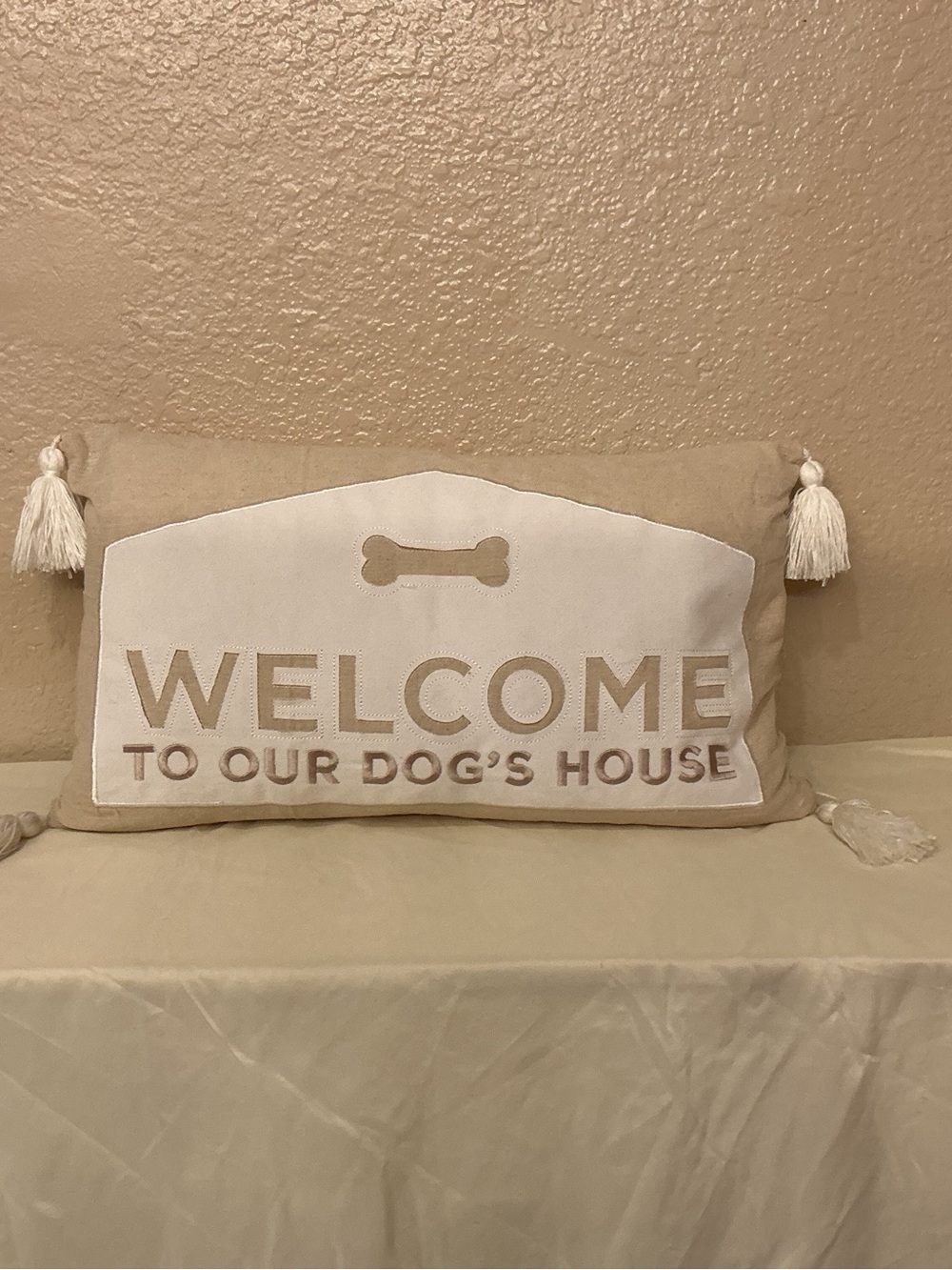 Welcome to Our Dog's House Decorative Pillow - Neutral Beige & White with Tassle